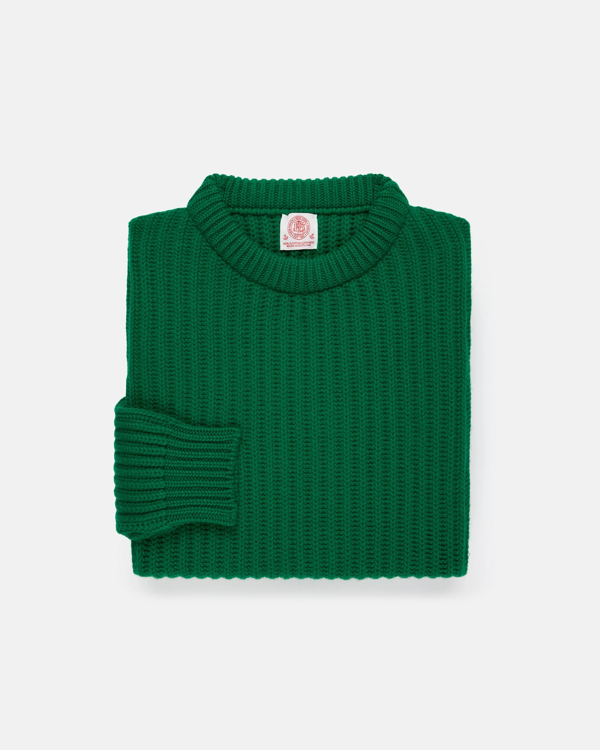 MADE-IN-SCOTLAND GREEN CASHMERE FISHERMAN RIB CREWNECK SWEATER - 1