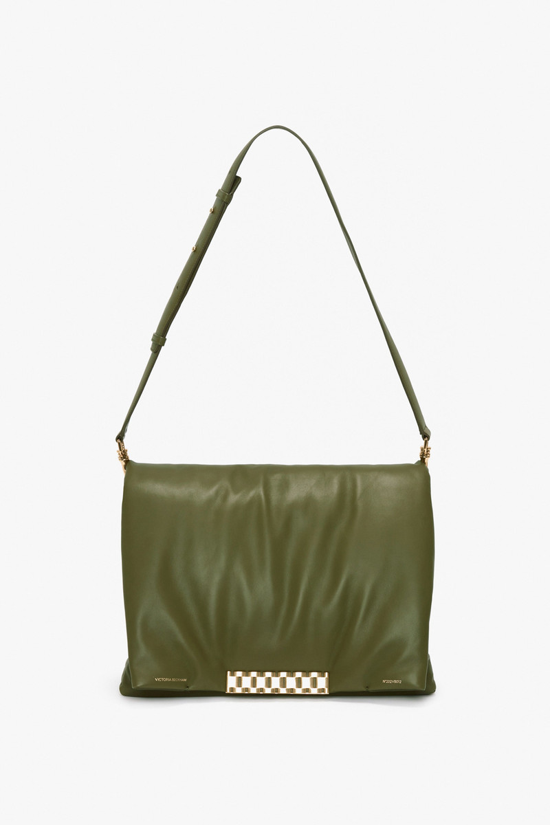 Puffy Jumbo Chain Pouch In Khaki Leather 1