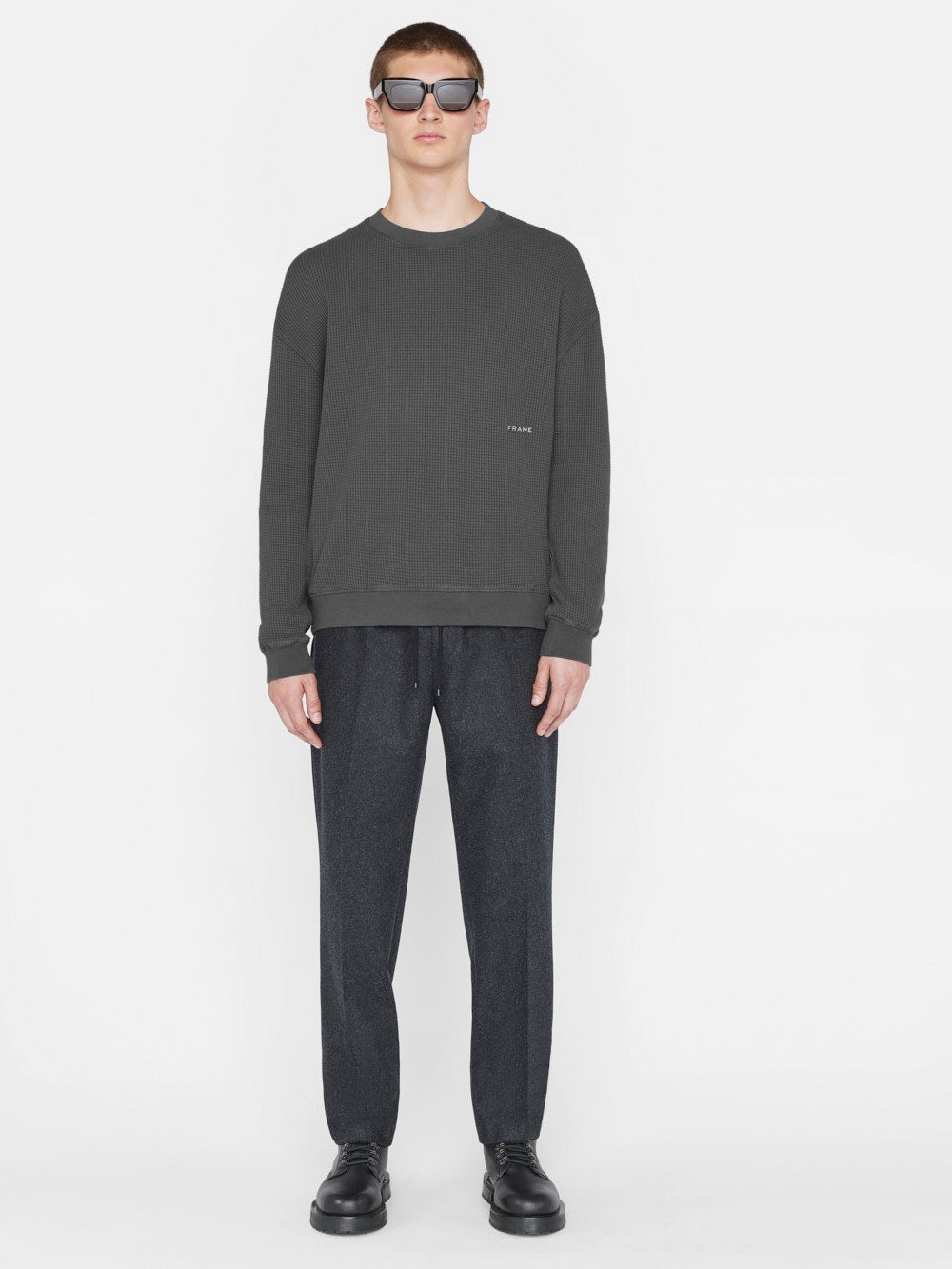 Waffle Textured Sweatshirt in Charcoal Grey - 2
