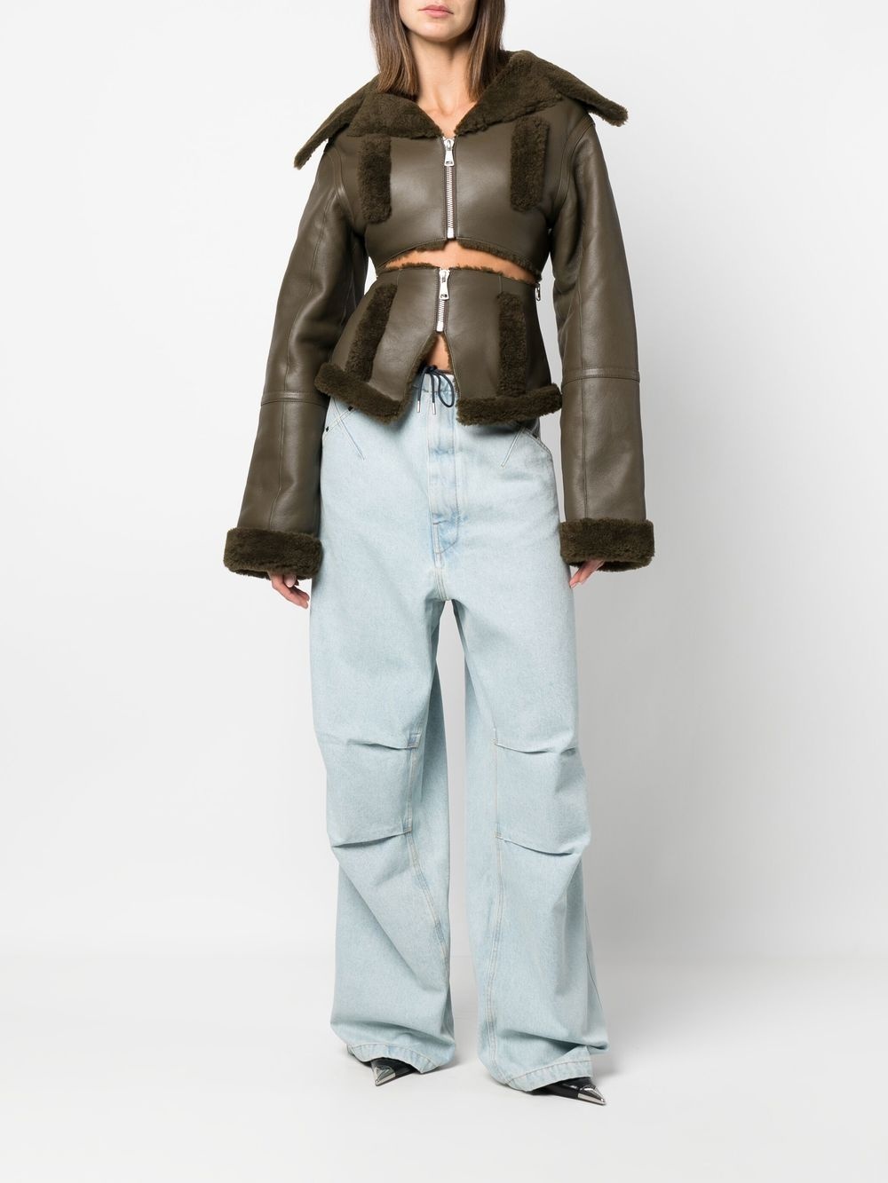 cut-out shearling-trim leather jacket - 2
