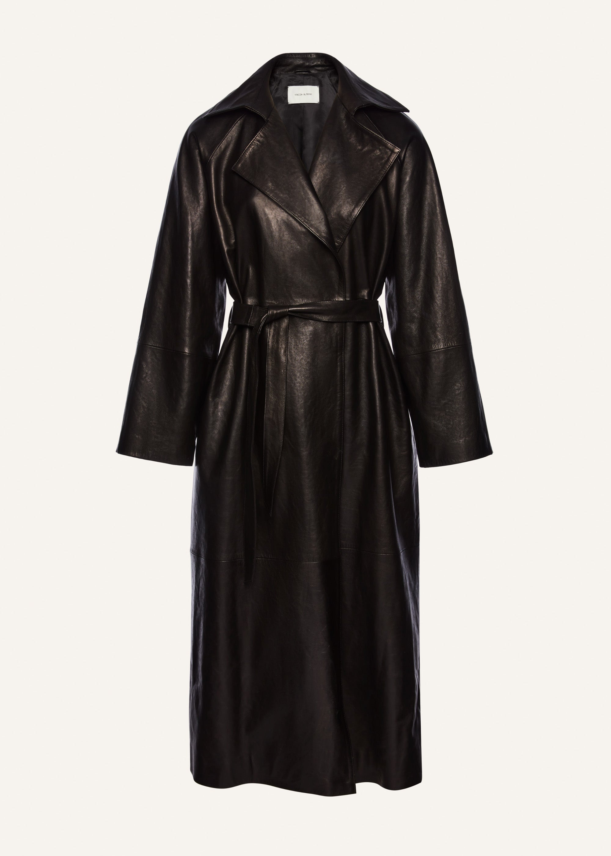 Belted leather wrap coat in black - 1