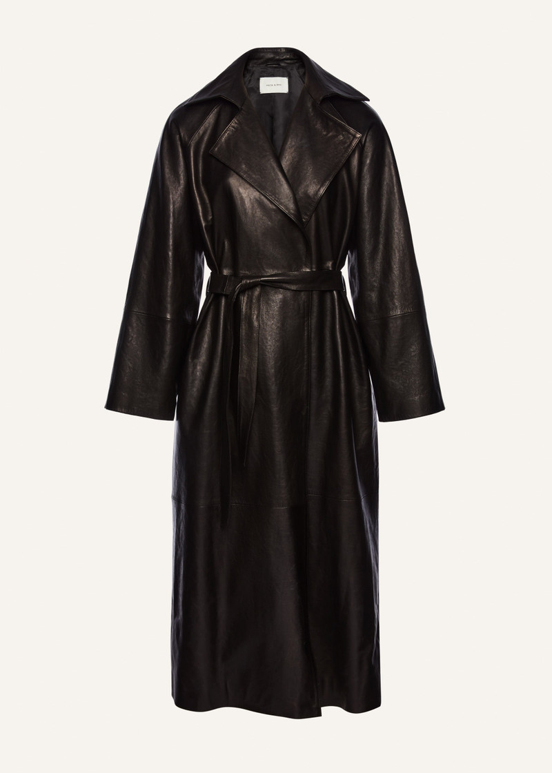 Belted leather wrap coat in black 1