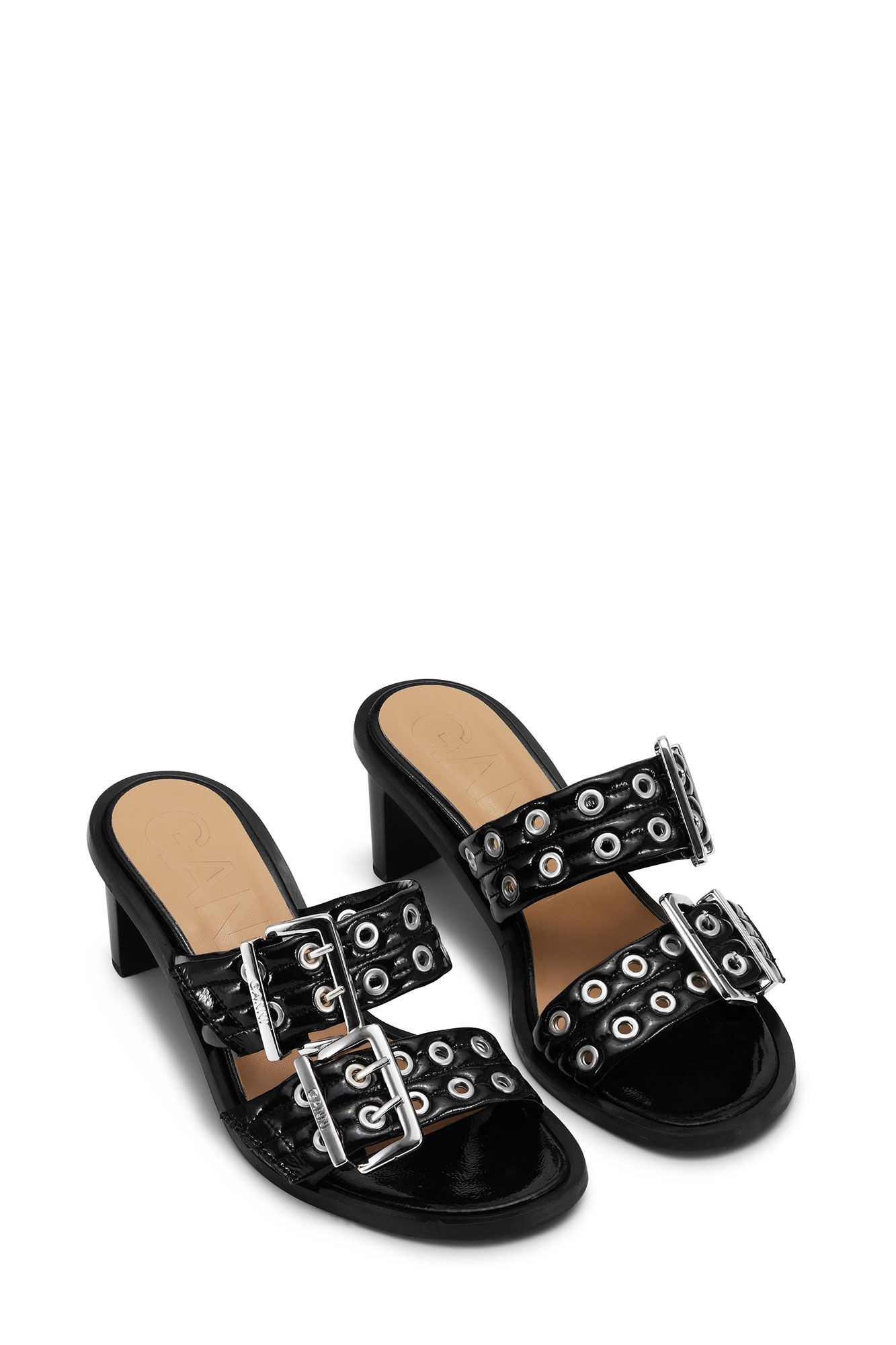 BLACK FEMININE BUCKLE HEELED MULE SANDALS - 2