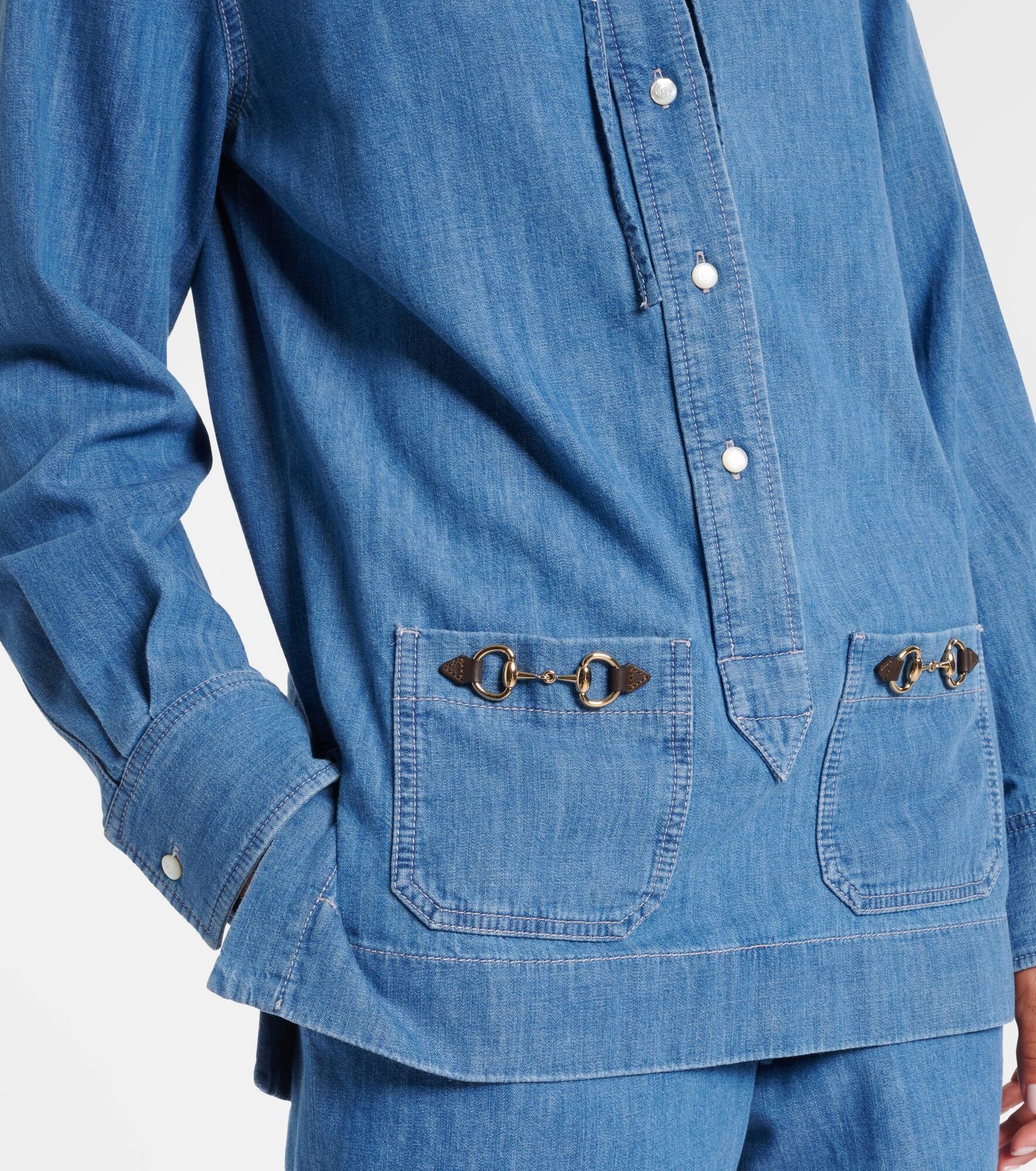 Horsebit leather-trimmed denim shirt - 5