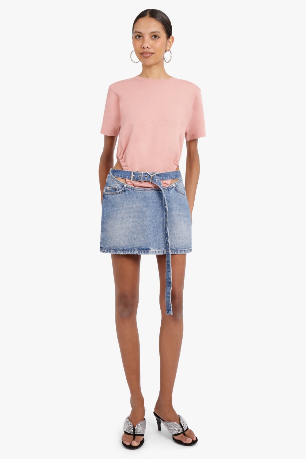 DENIM MINI SKIRT Y-BELT ARC CUT OUT | FADED BLUE - 2