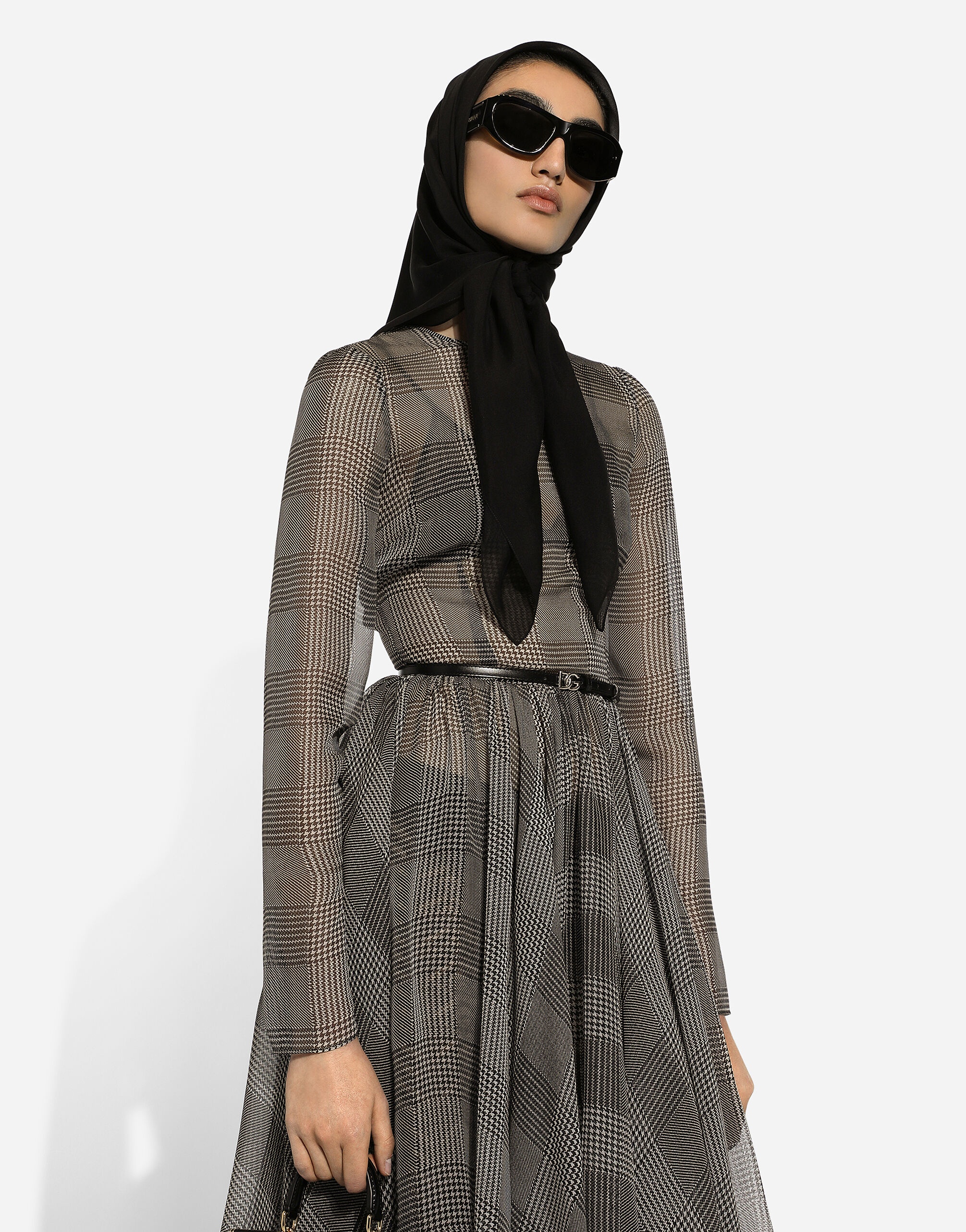 Chiffon calf-length circle skirt with glen plaid print - 4