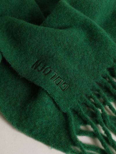 Golden Goose Dark green wool scarf with fringing and tone-on-tone ‘Golden’ lettering outlook