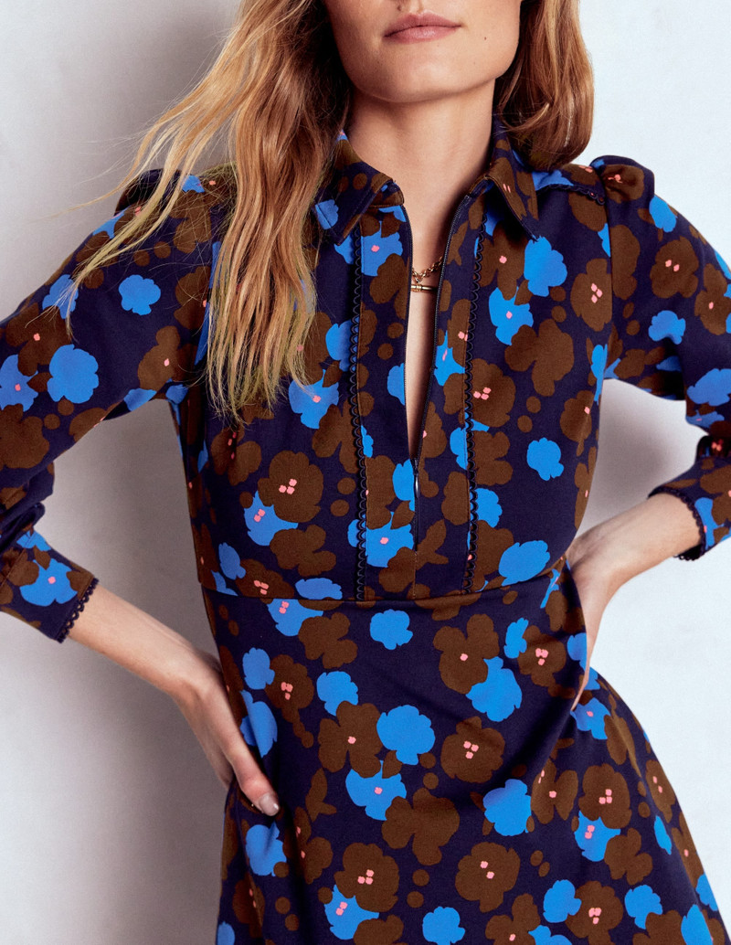 Pip Zip-Up Ponte Midi Dress-French Navy, Garden Blossom 4