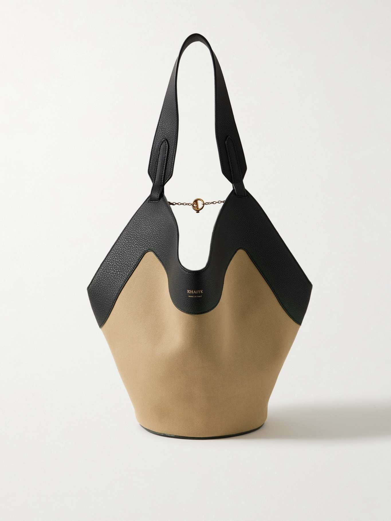 Lotus small textured leather-trimmed canvas tote Black - 1