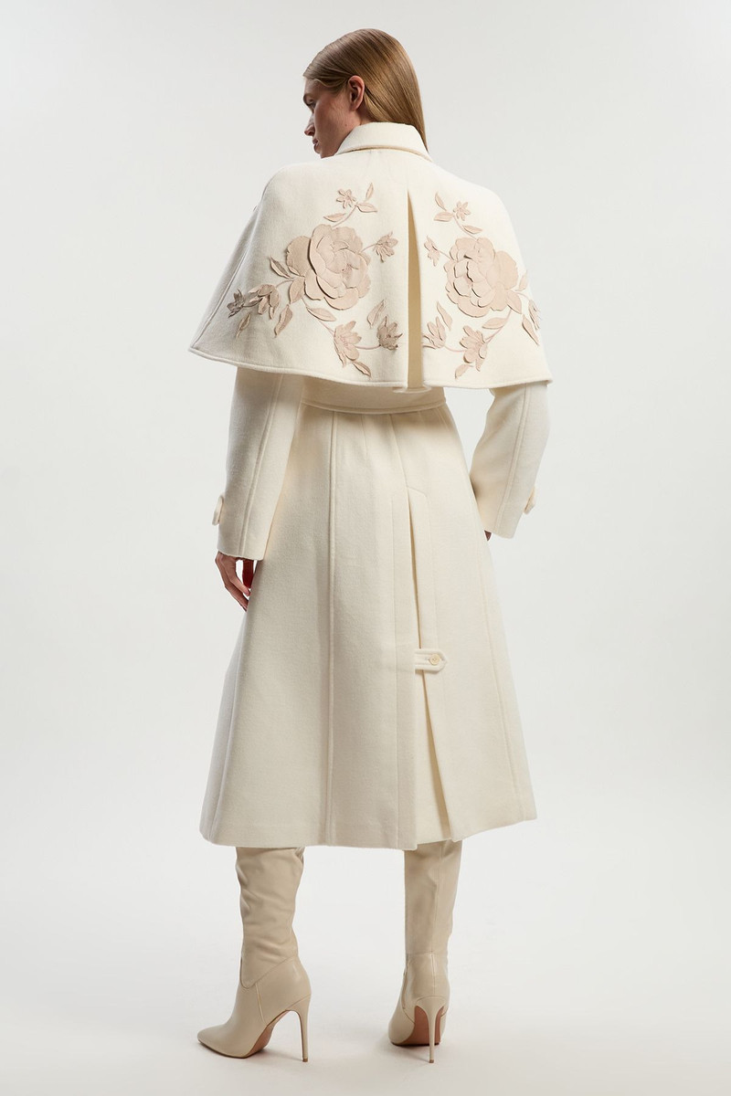 Brushed Wool Pu Mix Placed Floral Embroidery Applique Tailored Cape Full Skirted Midi Coat 6