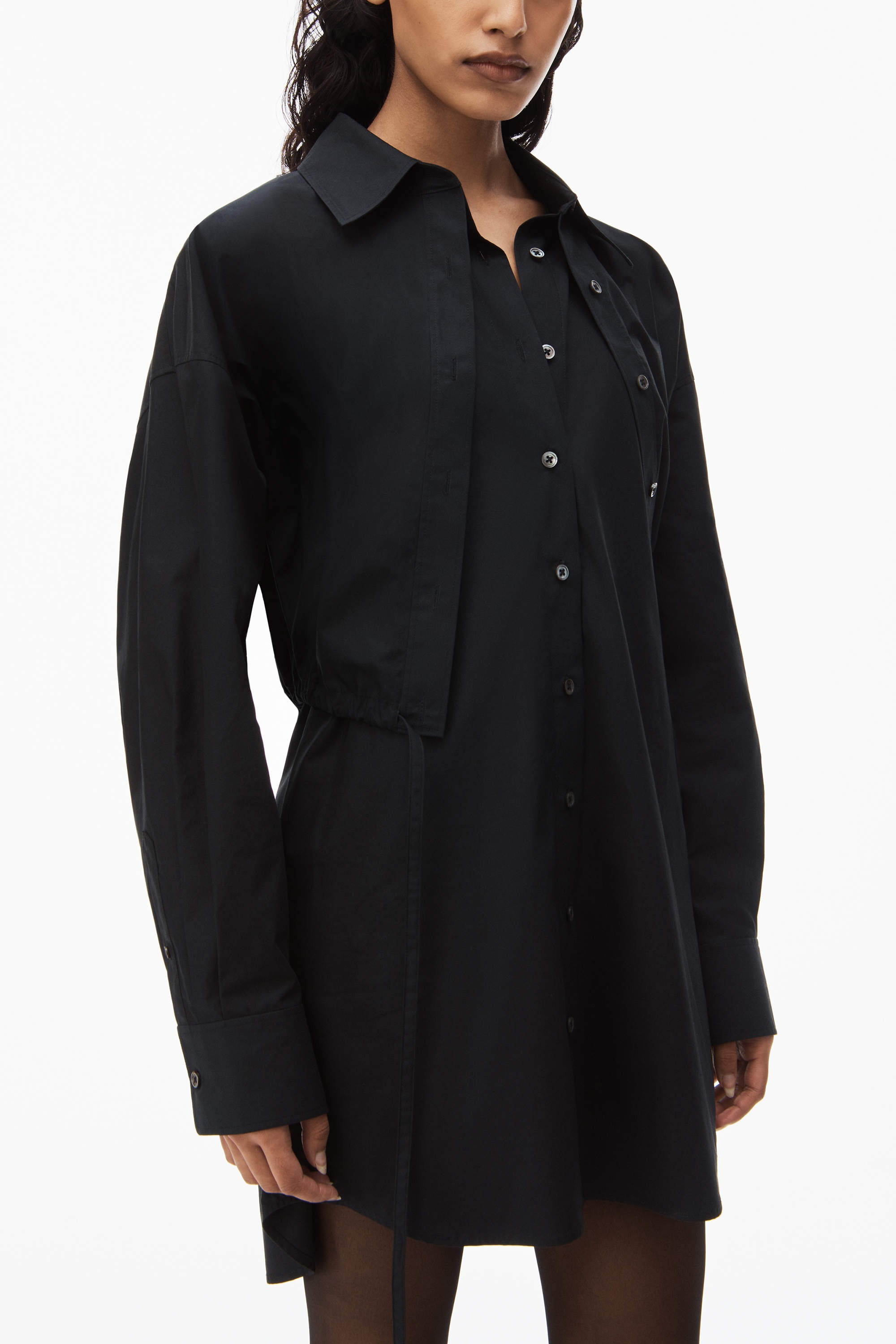 layered shirt dress in compact cotton with self-tie - 3