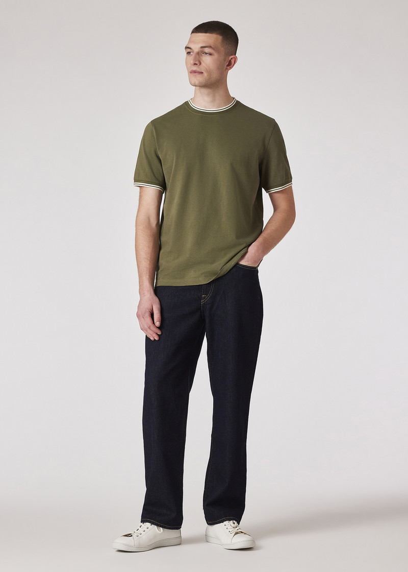 Khaki Regular-Fit Contrast Stripe Cotton T-Shirt 4