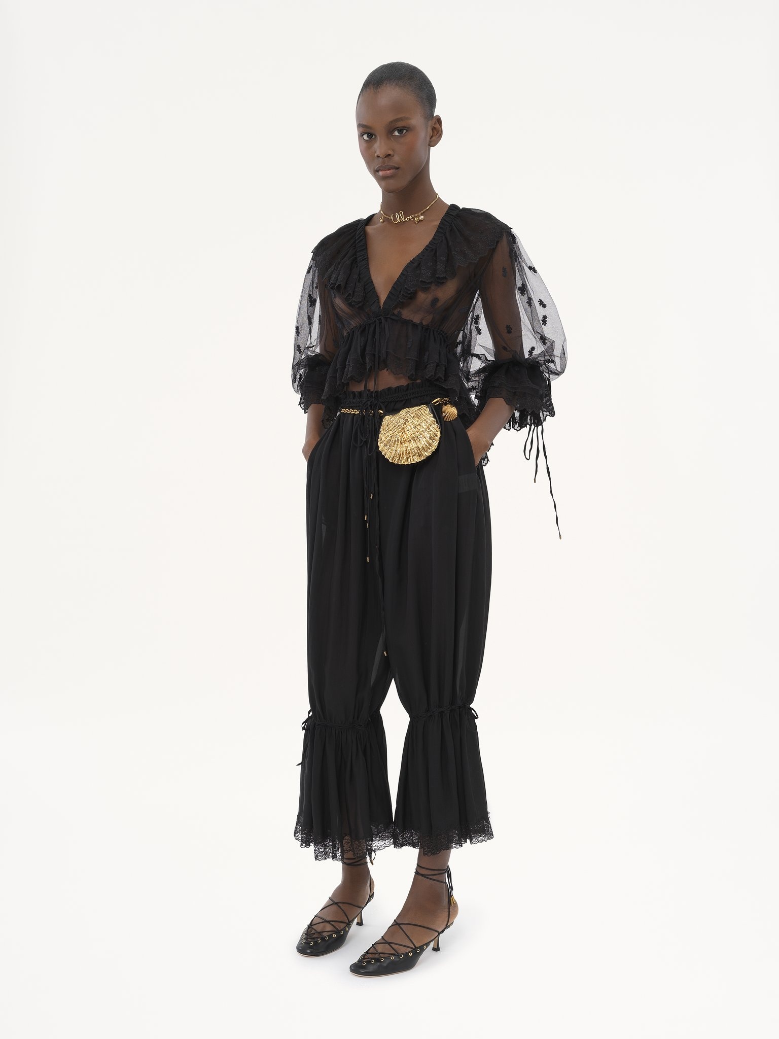 FLUID CROPPED PANTS IN SILK CHARMEUSE & LACE - 3