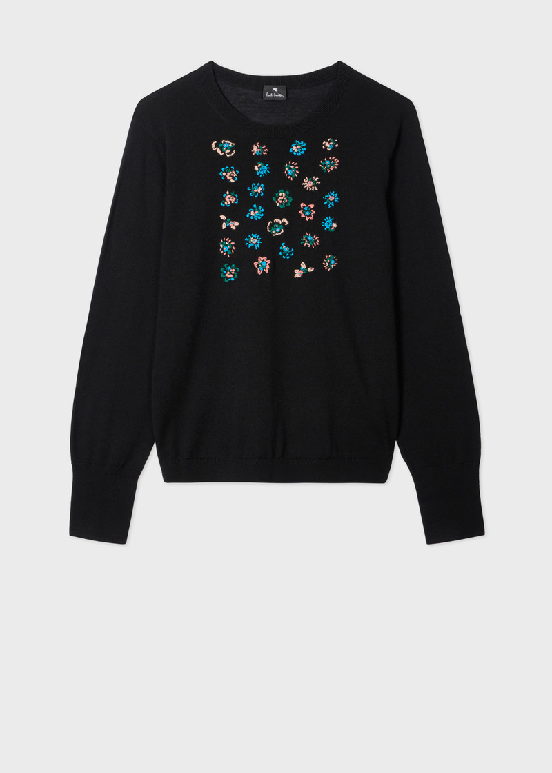 Women's Black Merino Wool Sweater with Floral Embroidery 1