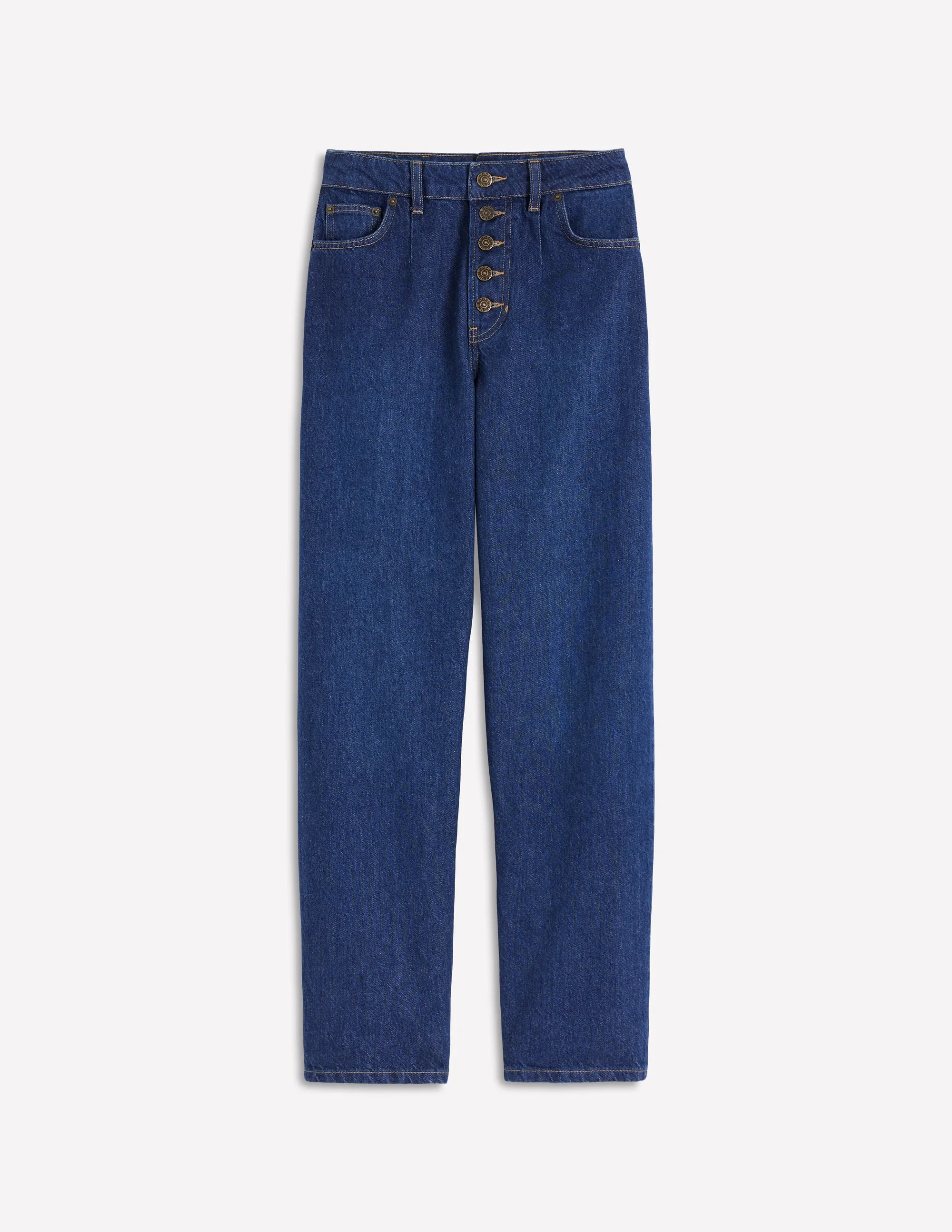 Exposed Button Straight Jeans-Indigo - 1