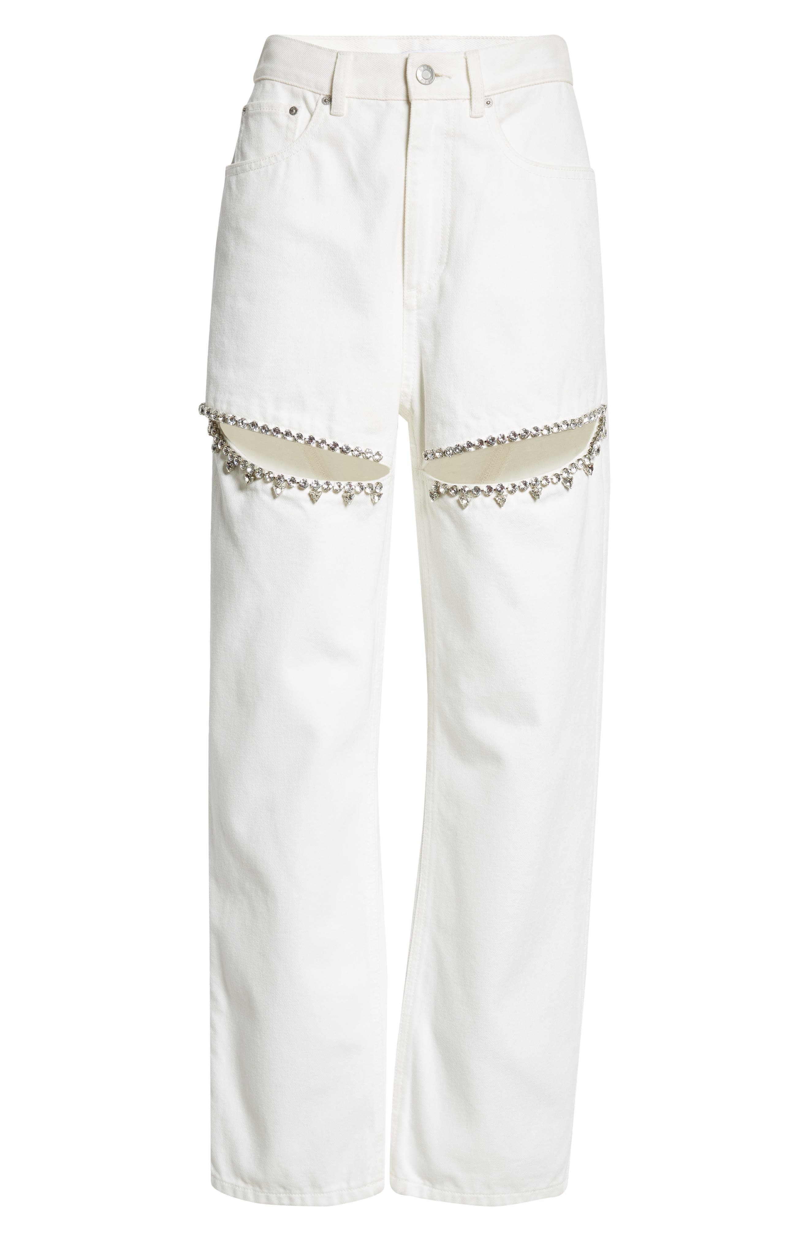 Area Crystal Slit Straight Leg Jeans in White at Nordstrom - 6