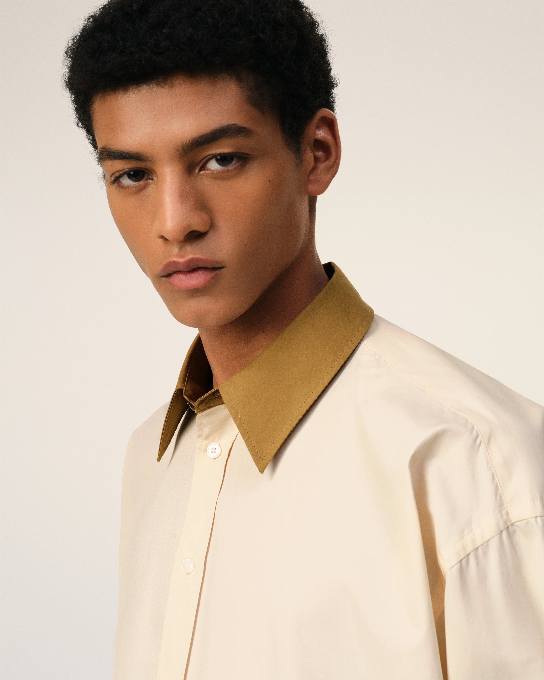 BEIGE COTTON CLASSIC COLLAR LOOSE SHIRT - 4