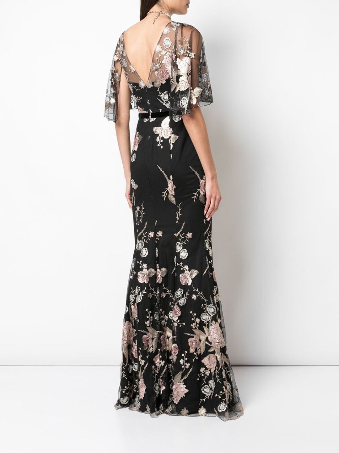 CAPE SLEEVE FLORAL EMBROIDERED MERMAID GOWN - 3