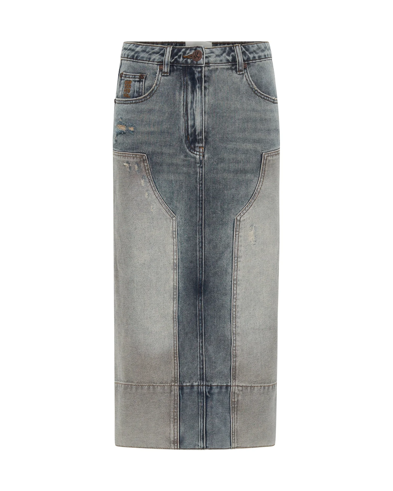 Cassidy Mid Waist Long Denim Column Denim Skirt - Dirty Blue - 1