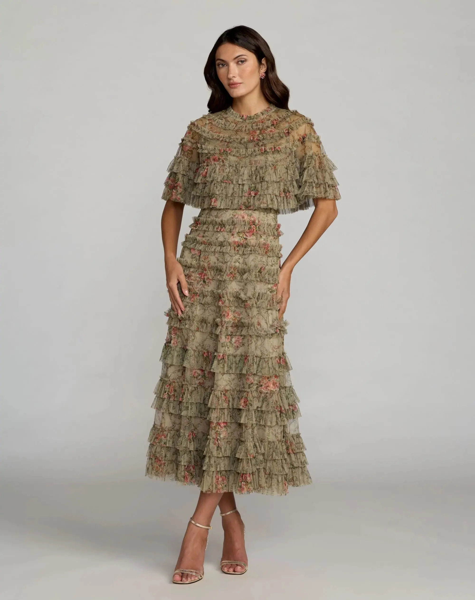 Olive Floral Ruffle Midi Dress With Cape - 1