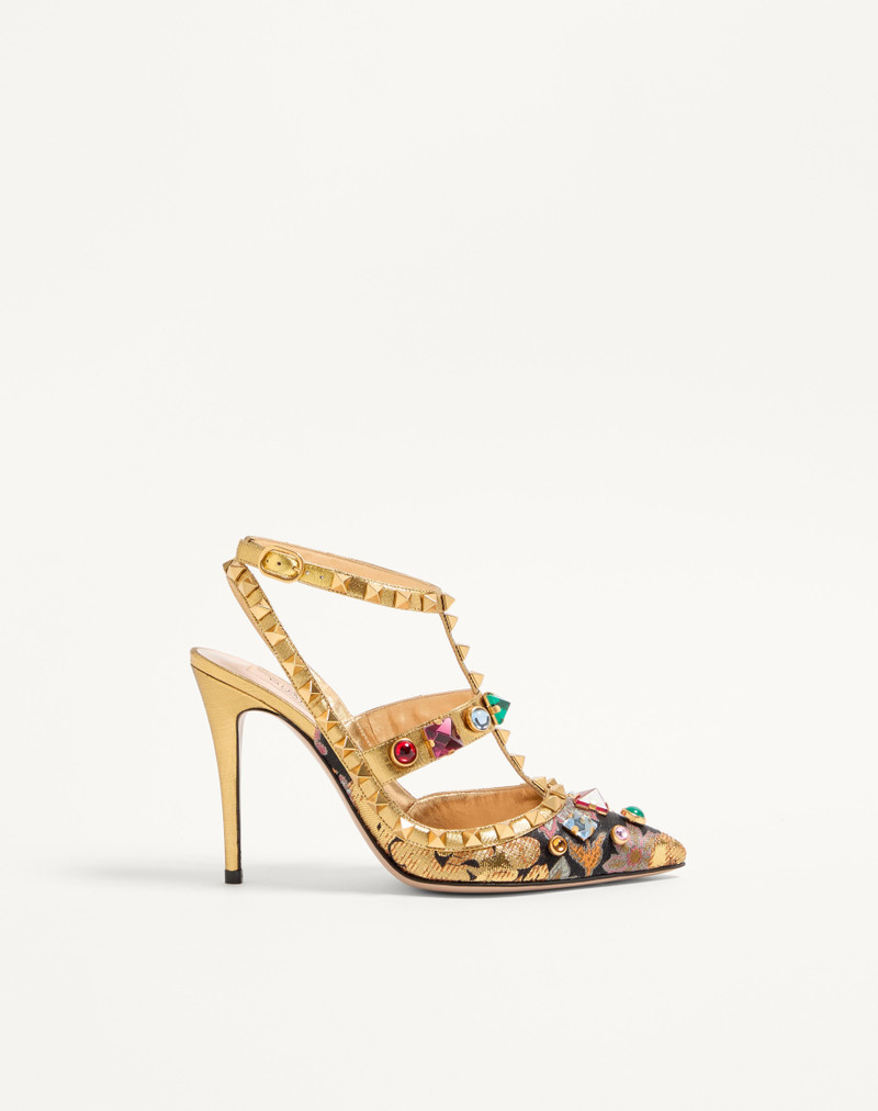 ROCKSTUD PUMPS WITH STRAPS IN JACQUARD APRES L'HIVER FABRIC WITH CRYSTALS 100MM 1