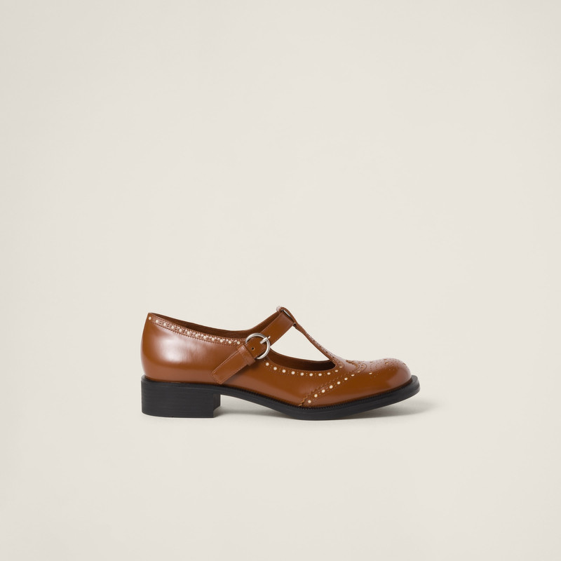 Brushed leather T-strap brogue shoes 2