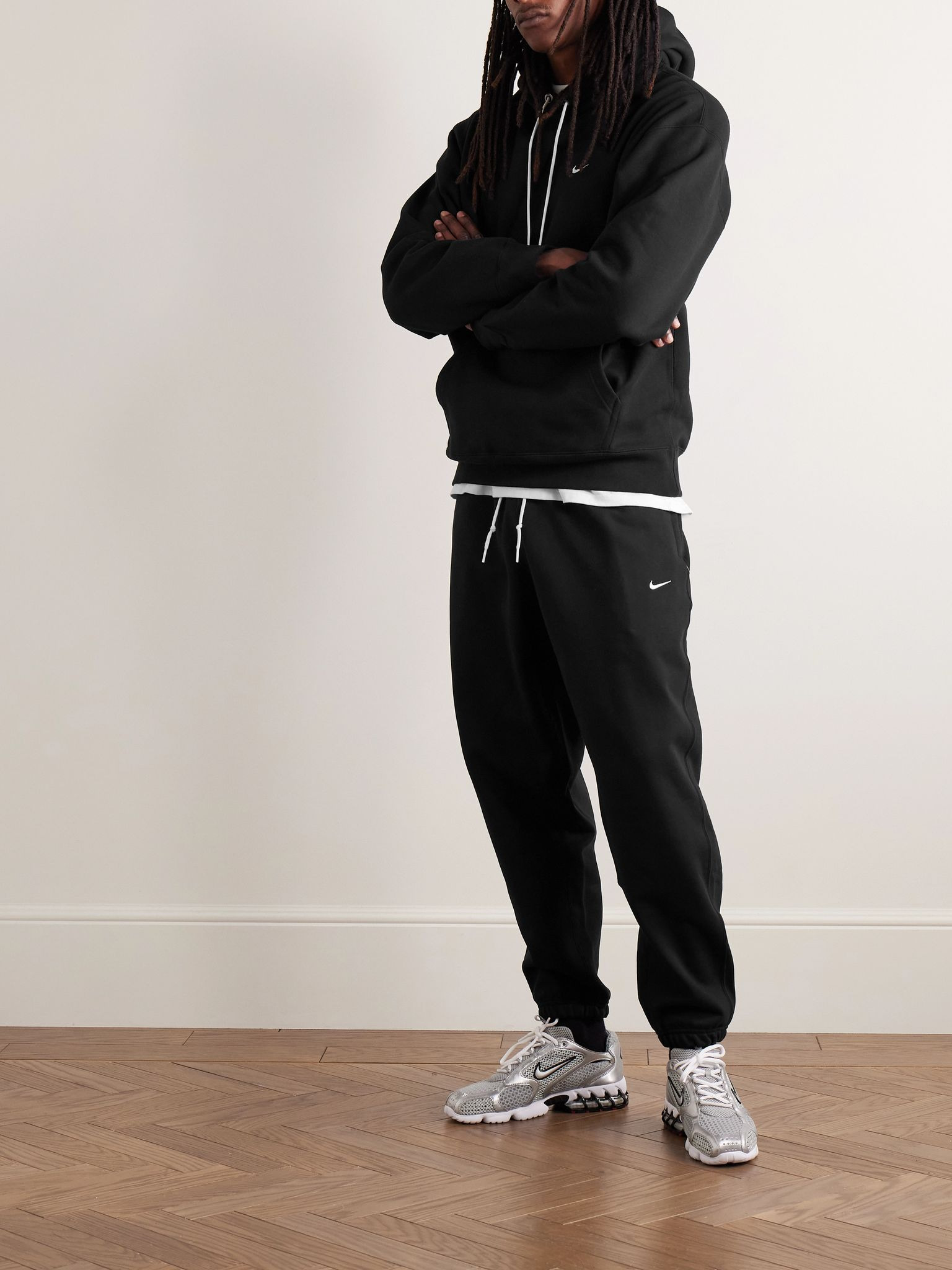 Solo Swoosh Logo-Embroidered Cotton-Blend Jersey Hoodie Black - 2