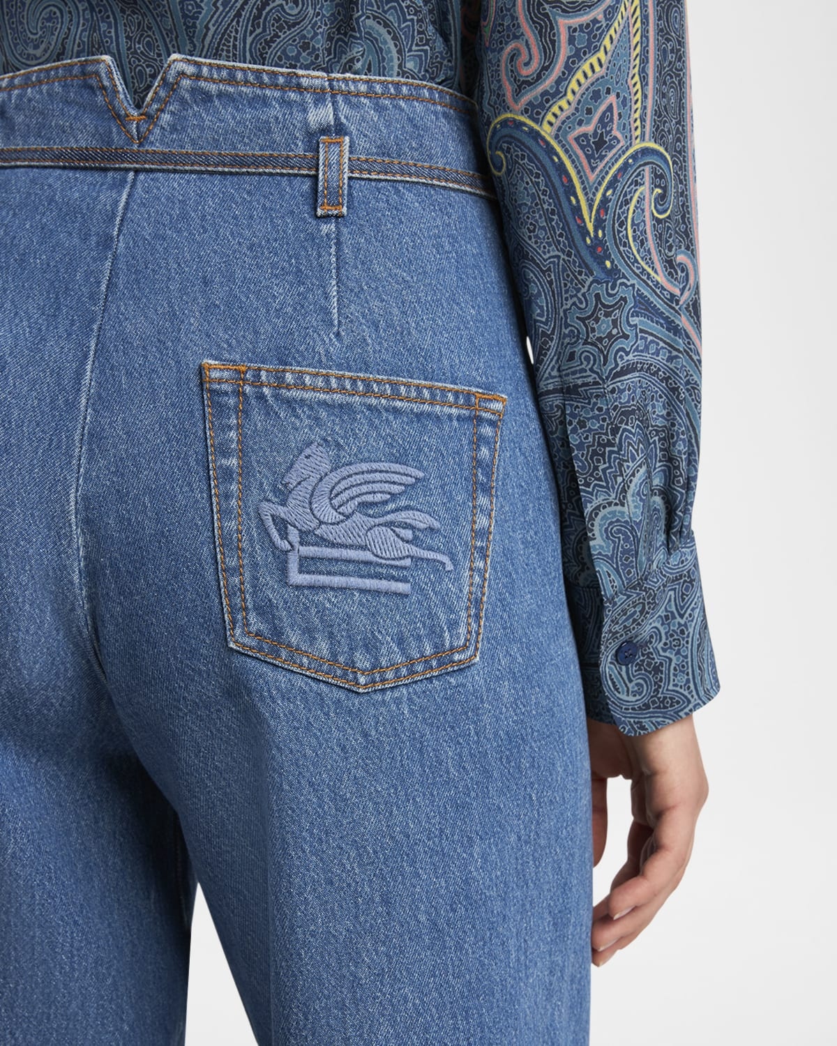 Belted Wide-Leg Crop Denim Trousers - 5