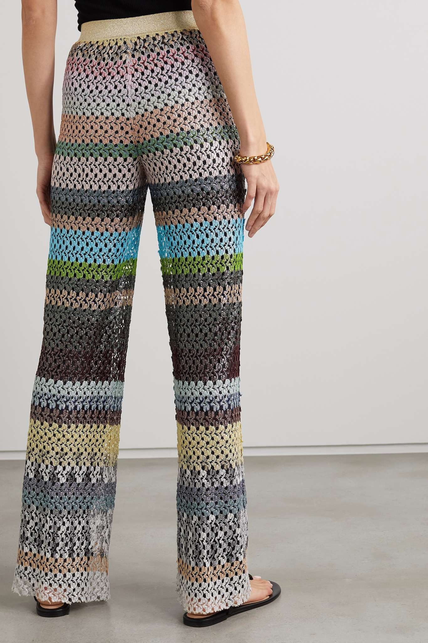 Metallic striped crochet-knit wide-leg pants - 4