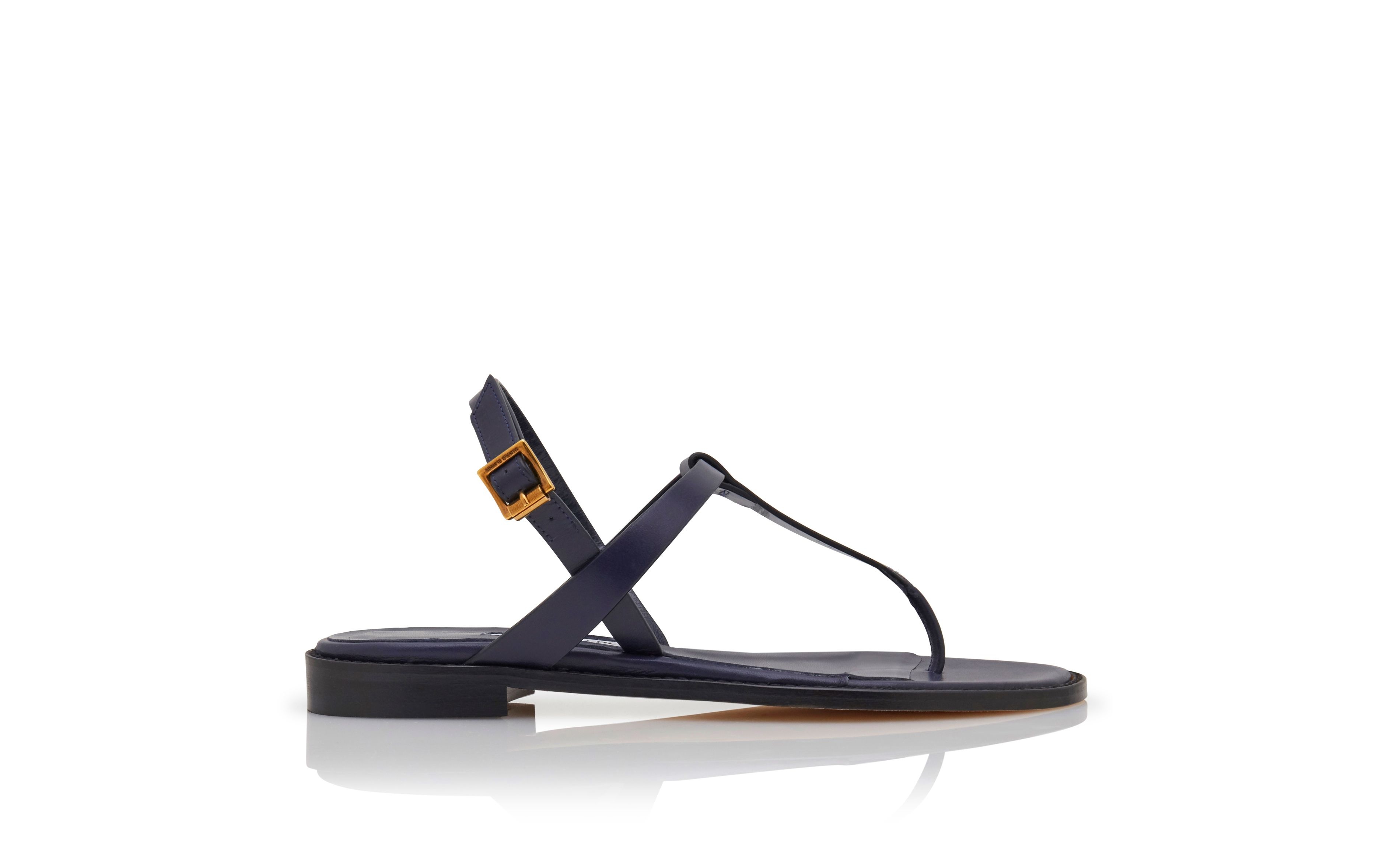 Navy Blue Calf Leather Flat Sandals - 1