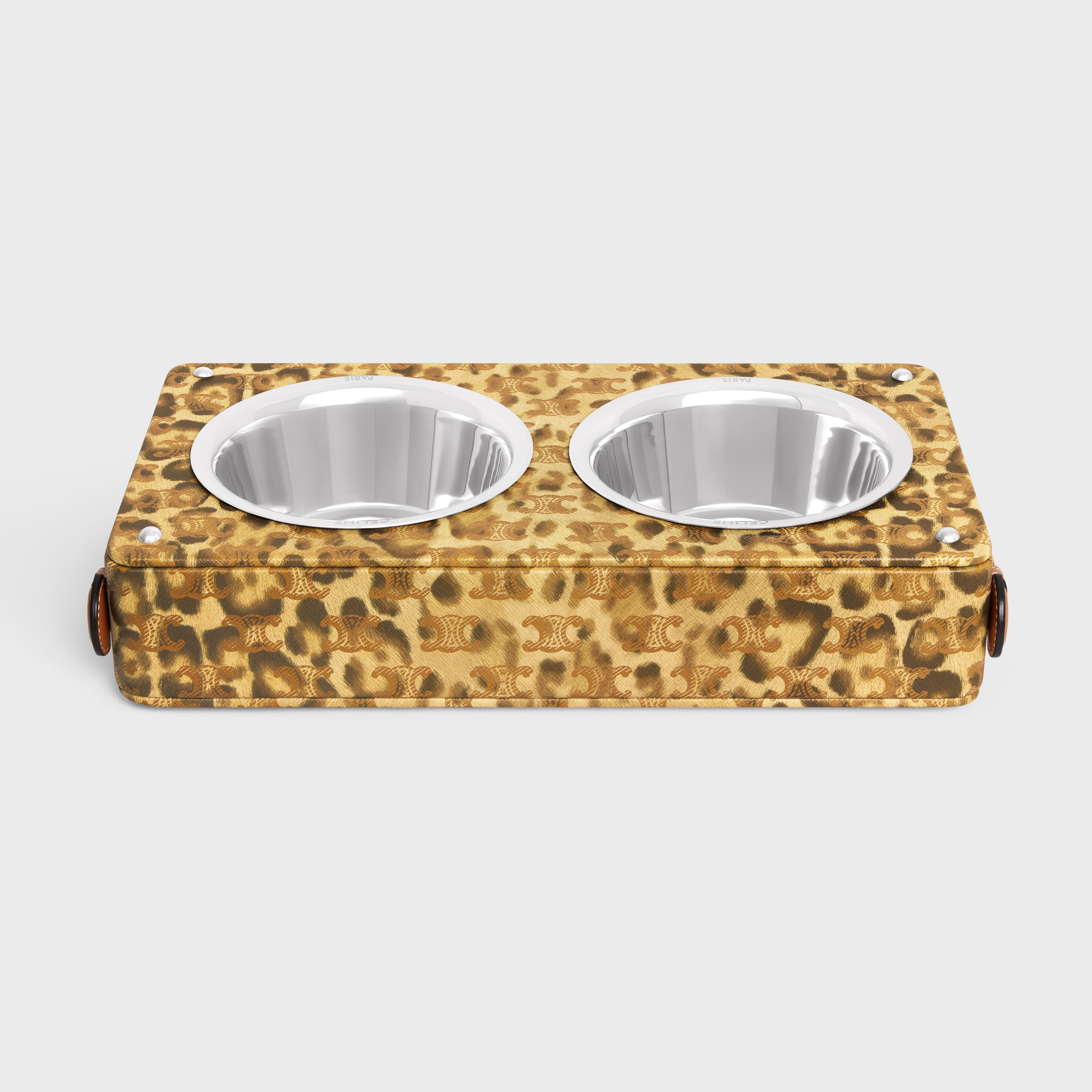 Dog bowl in lambskin with Triomphe canvas with leopard print - 3