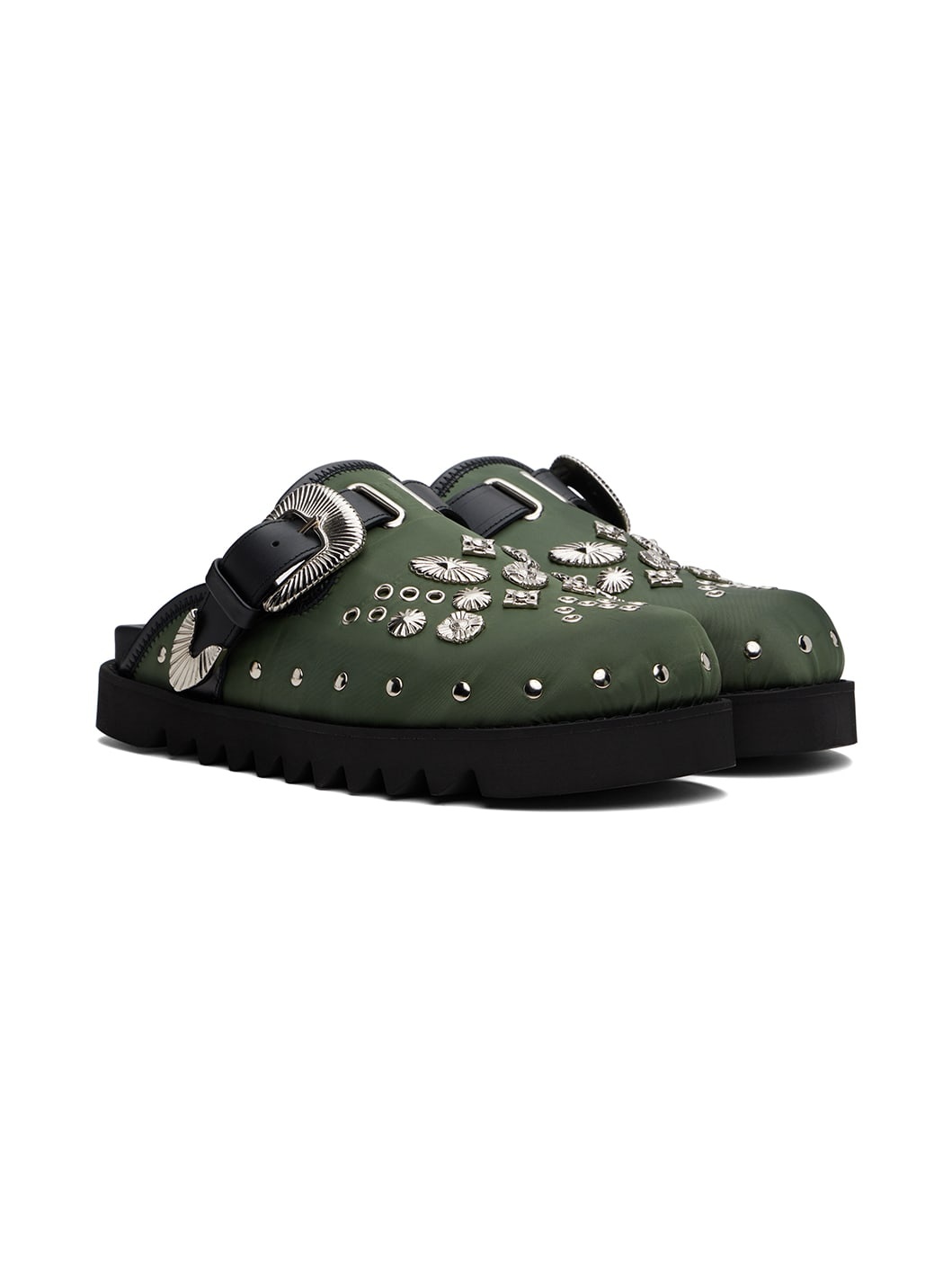 Green Eyelet Metal Sabot Slip-on Loafers - 4
