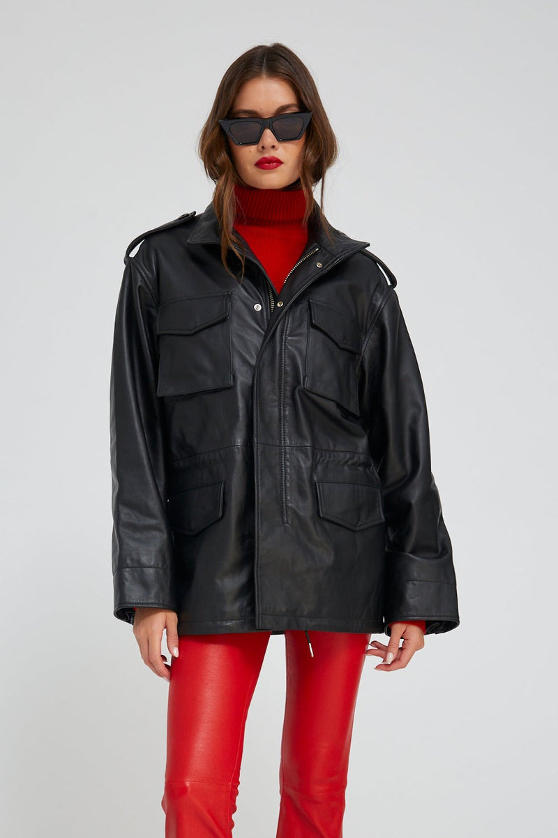 SPRWMN BLACK LEATHER MILITARY JACKET outlook