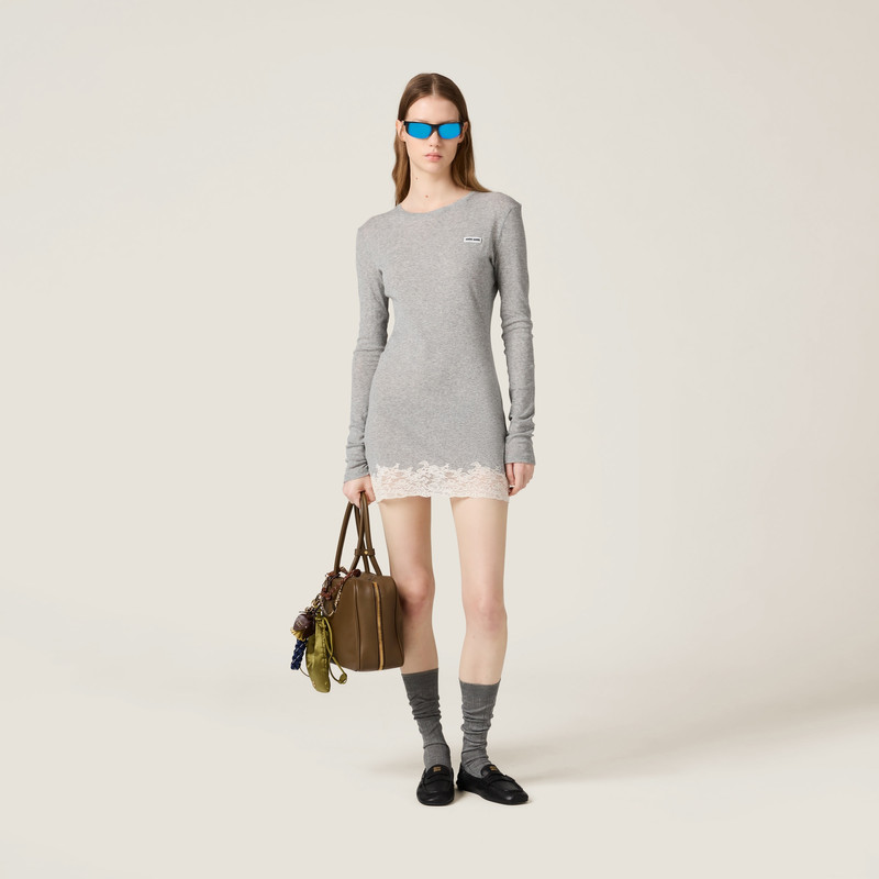 Miu Miu Ribbed jersey and lace dress outlook
