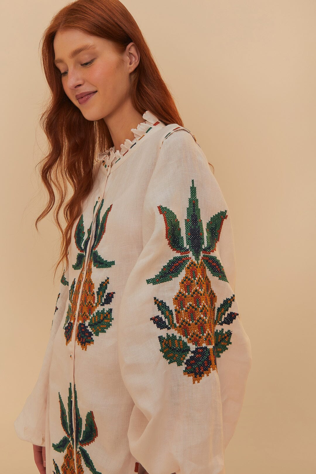 Light Pink Cross Stitch Pineapple Embroidered Midi Dress - 5