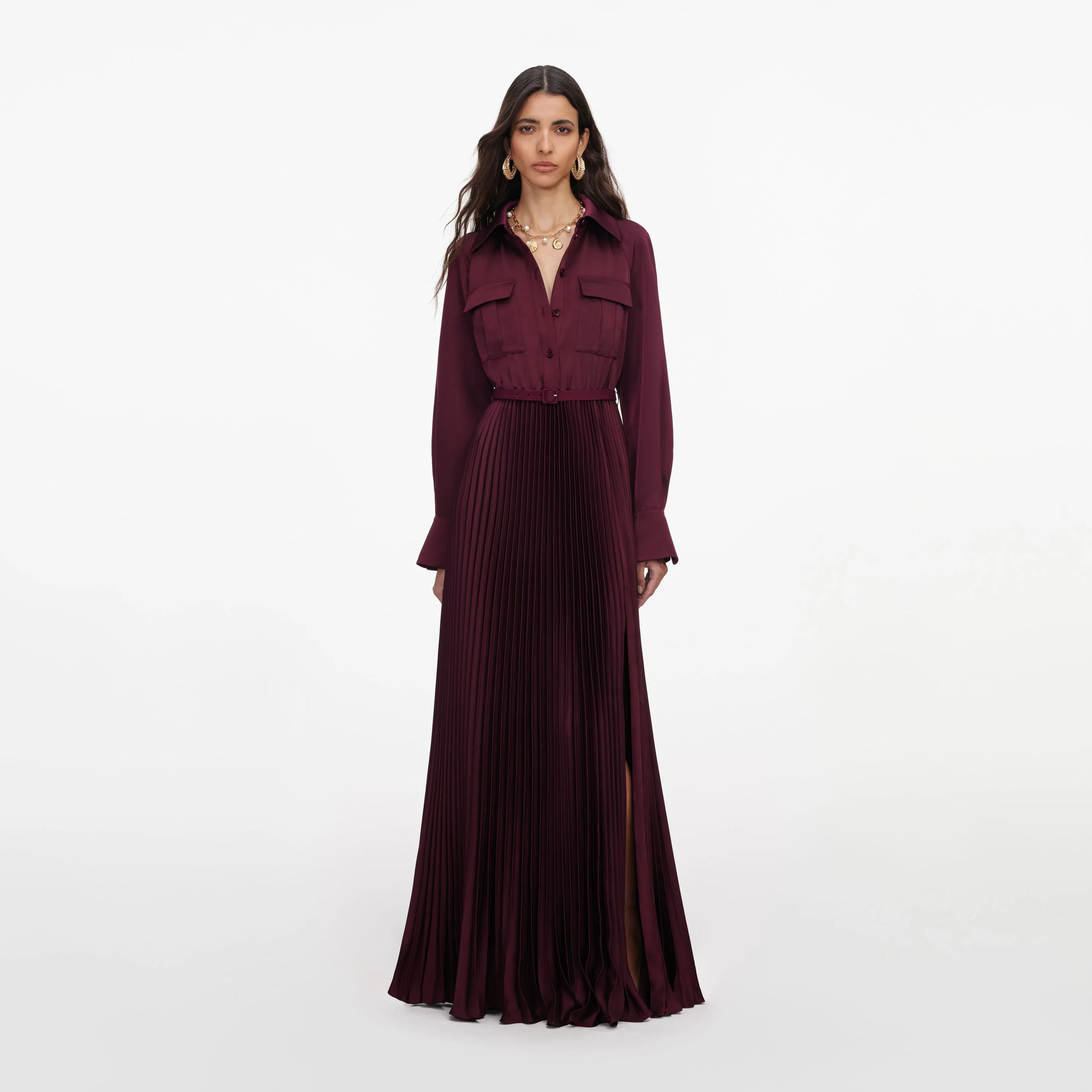 Plum Satin Pleated Maxi Dress - 1