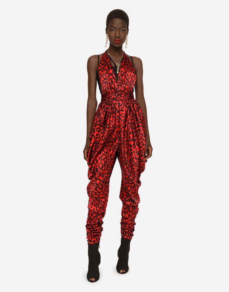 Draped satin jumpsuit with leopard print - 4