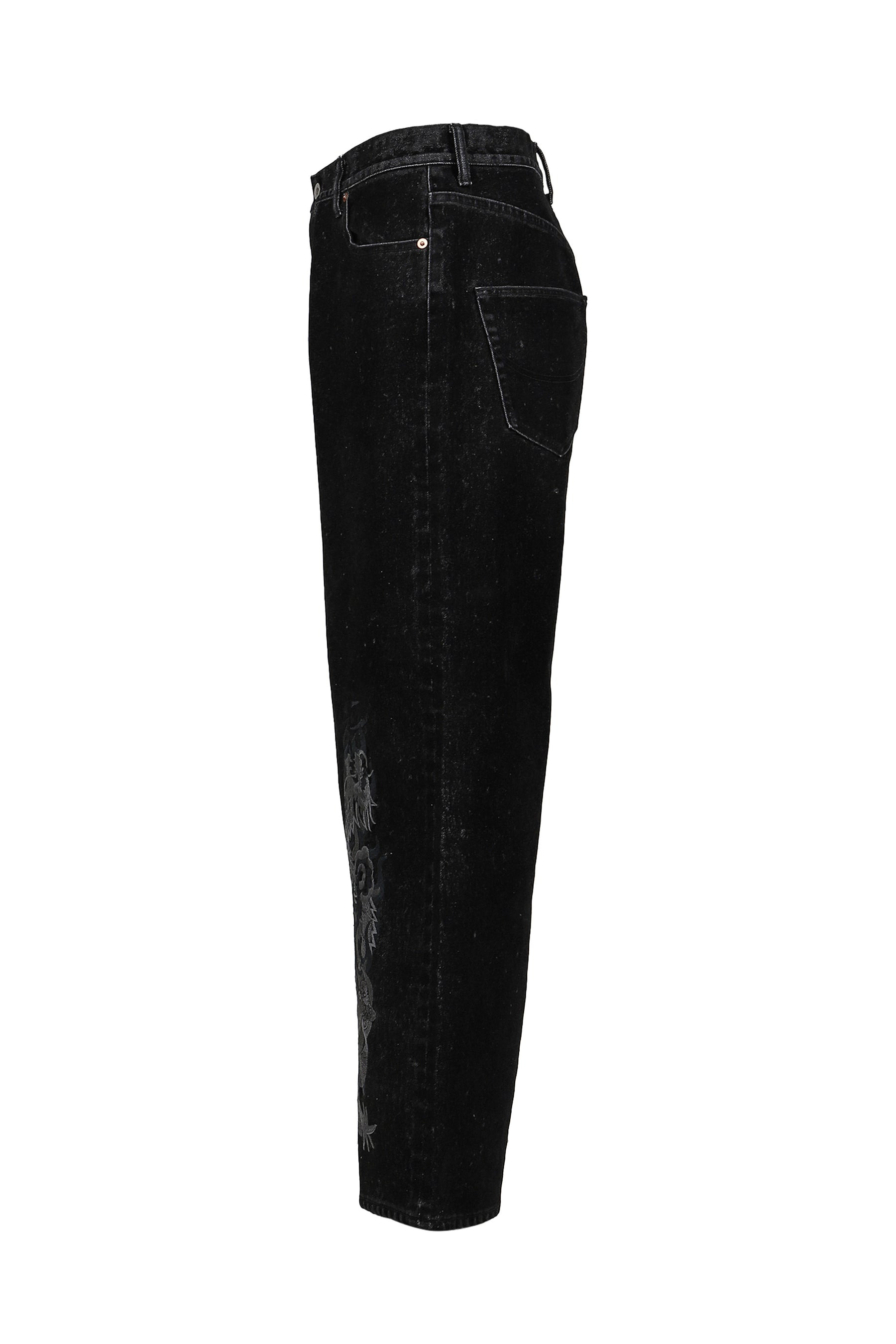 FLOCKED DEINM EMBROIDERED PANTS / BLK - 7