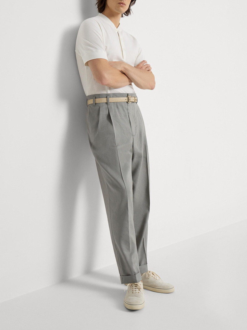 Men's Linen, Virgin Wool and Mohair Gabardine Trousers with Double Pleats - Khaki 5