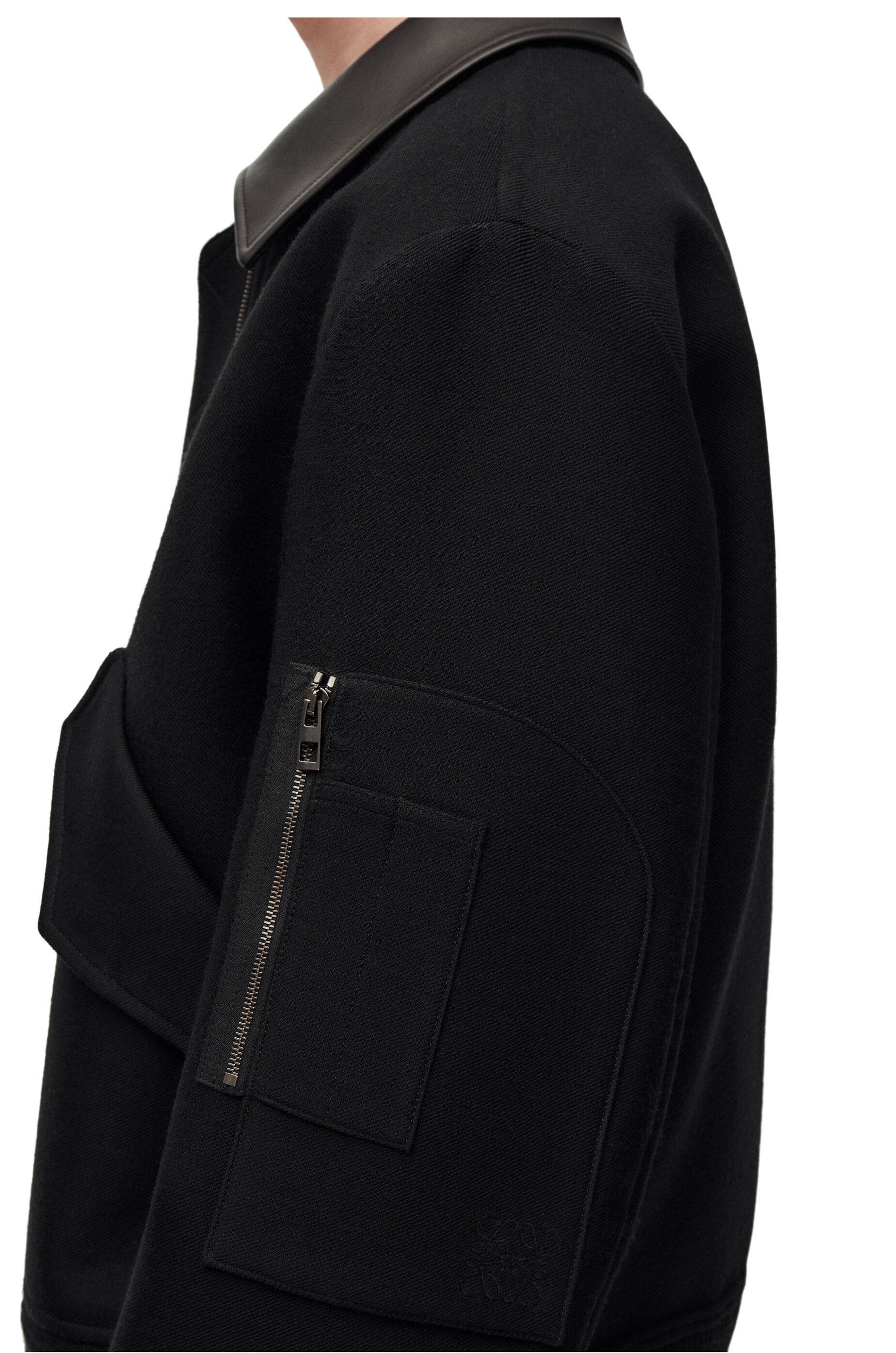 Leather collar bomber jacket in wool and silk - 5