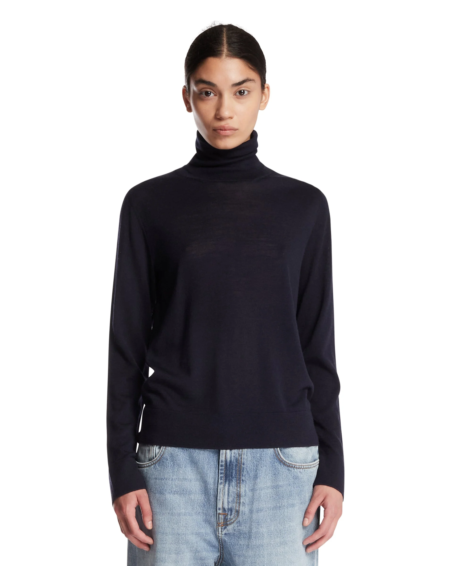 Blue Wool and Cashmere Turtleneck Sweater - 1
