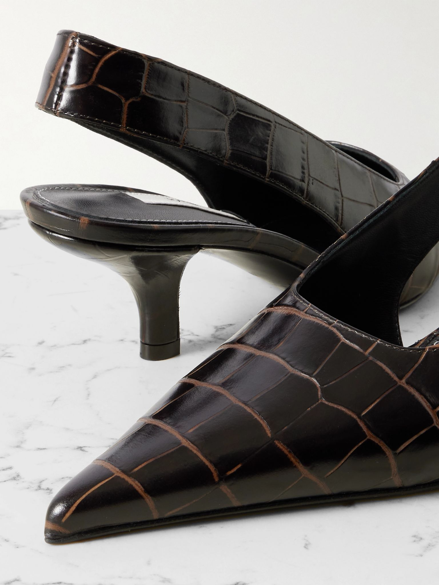 Croc-effect leather slingback pumps Dark brown - 4
