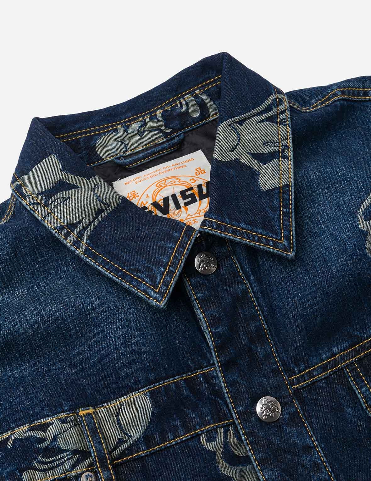 Allover Godhead Jacquard and Seagull Embroidery Loose Fit Deconstructive Denim Jacket - 11