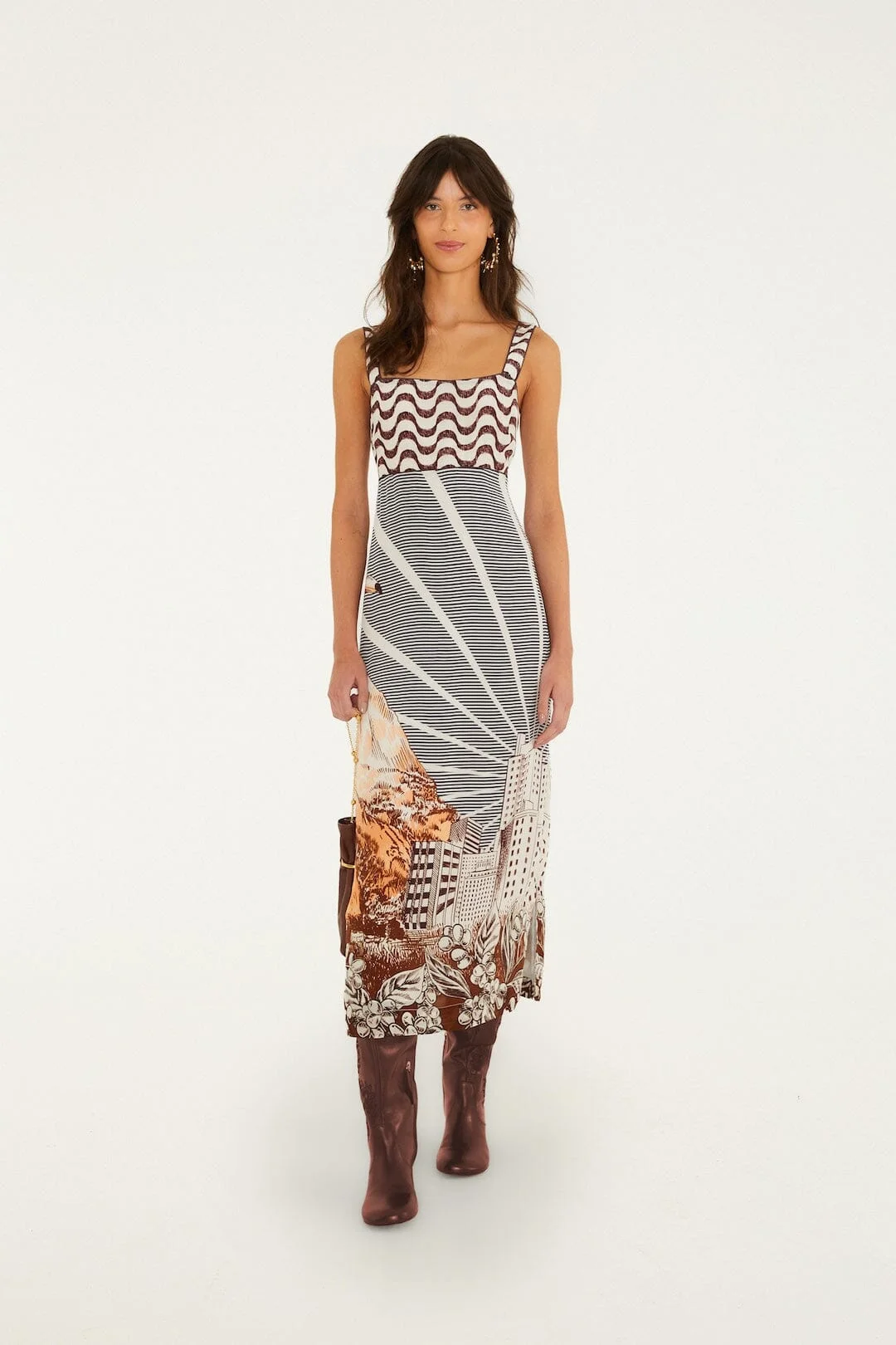 Mixed Carioca Coffee Scarves Sleeveless Midi Dress - 1