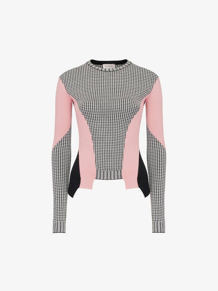 Women's Dogtooth Colour-block Peplum Jumper in Black/white/pink - 2