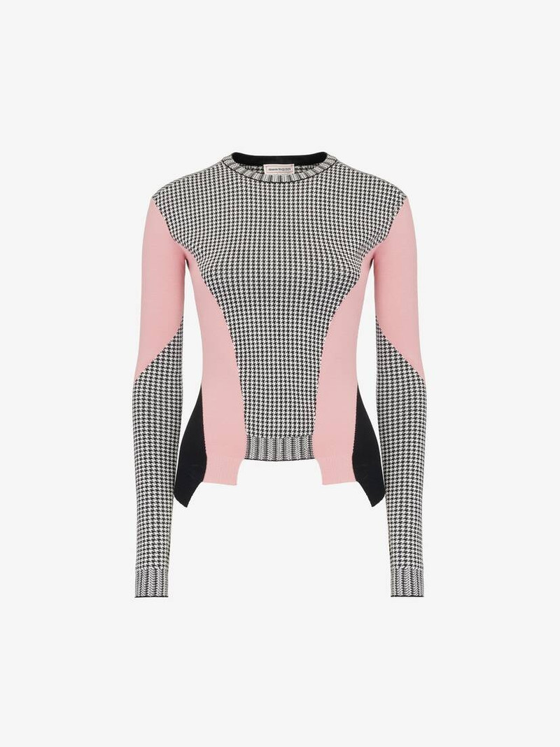 Alexander McQueen Women's Dogtooth Colour-block Peplum Jumper in Black/white/pink outlook