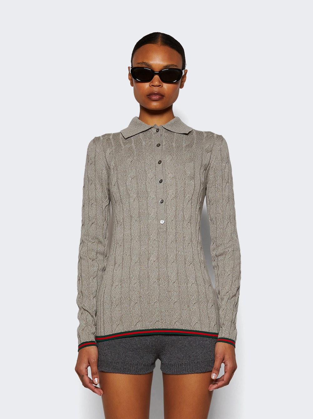Fine Cable And Rib Wool Polo Top Dove Grey - 3