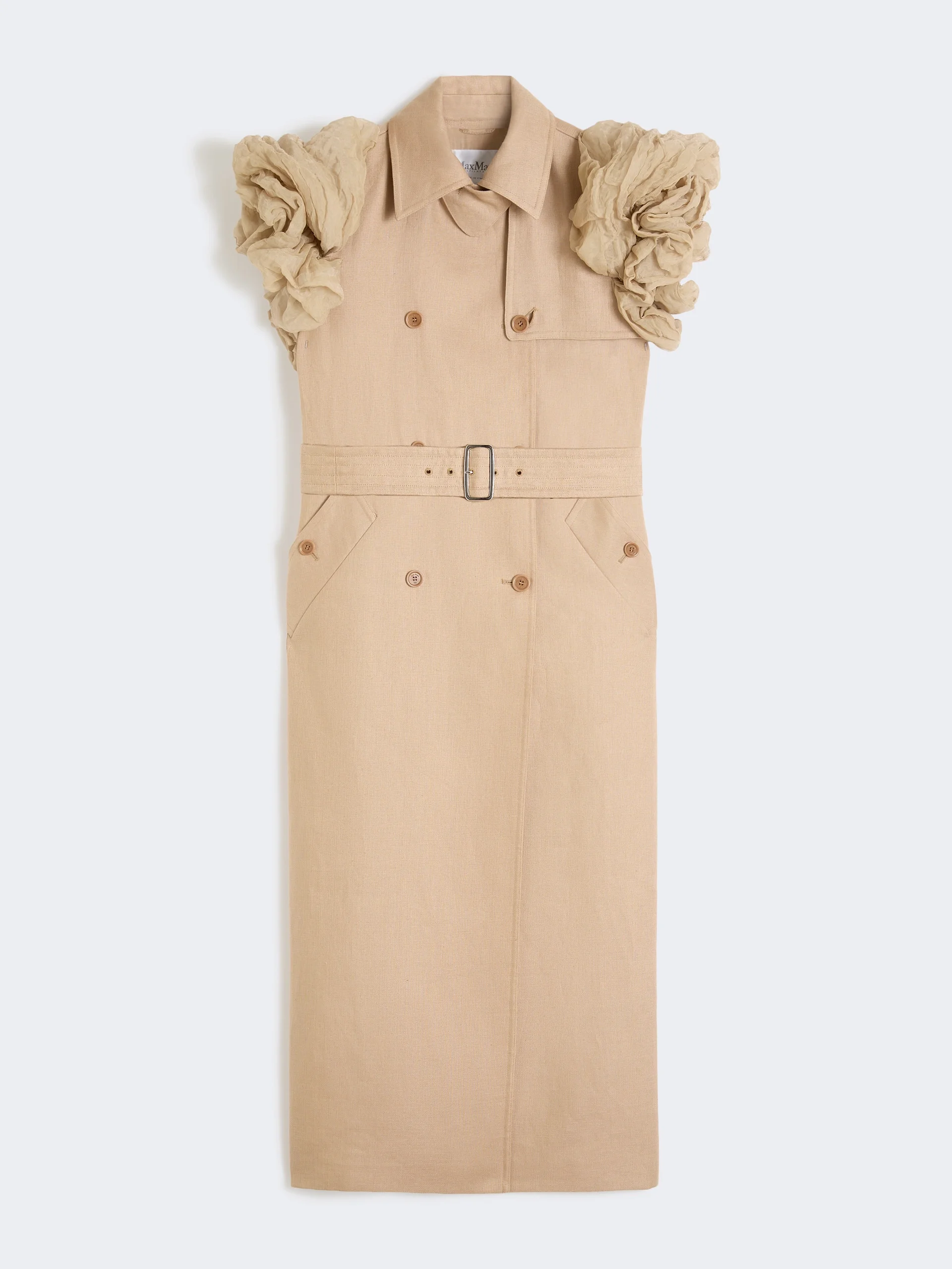 Sleeveless duster coat in linen basketweave with ruffles - CAMEL - 1