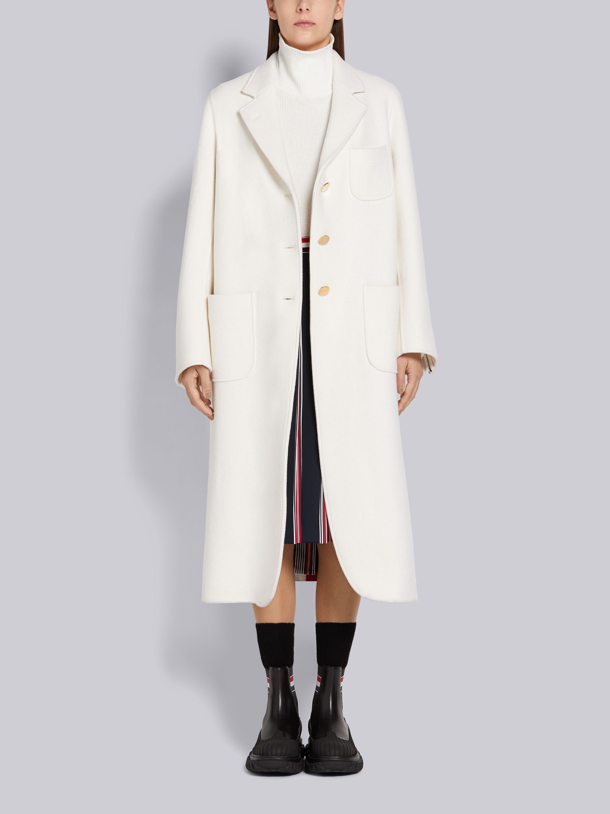 White Felted Wool Cashmere Engineered Stripe Unconstructed Elongated Sack Overcoat - 4
