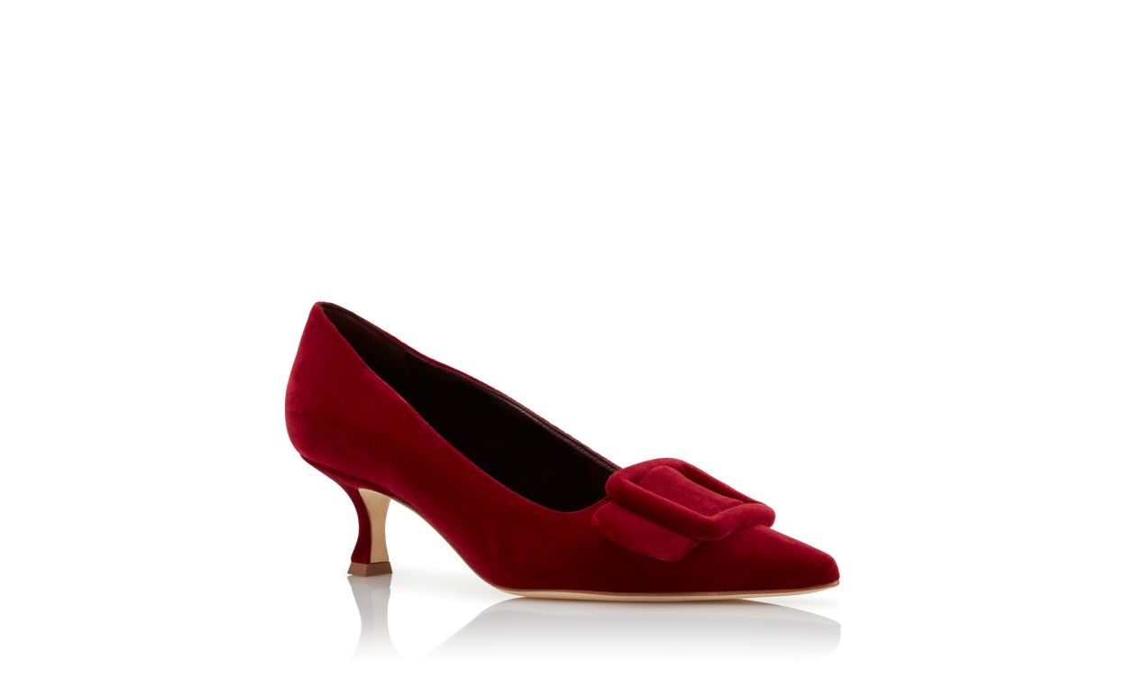 Dark Red Velvet Buckle Detail Pumps - 3